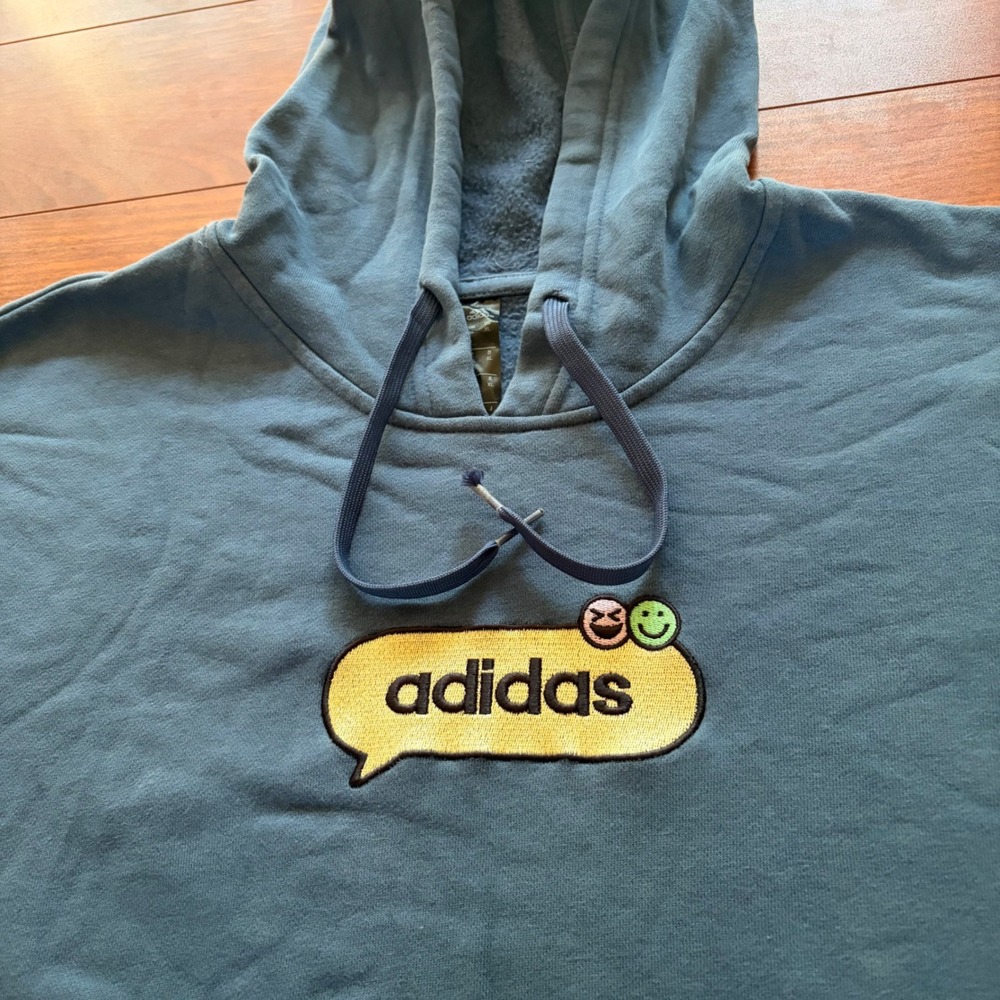 Adidas Originals Blue Speech Bubble Smiley Face Graphic Hoodie Mens XL